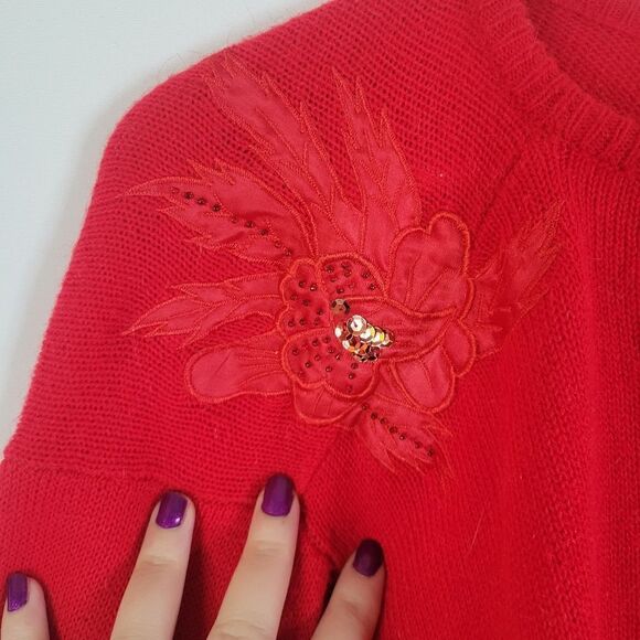 Embellished Shoulder Appliques Vintage Cashmere Blend Bright Red Sweater - Picture 3 of 15